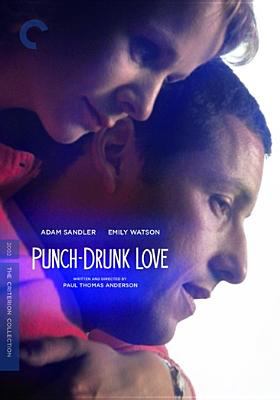 Cover art for the Criterion Collection edition of Punch-Drunk Love. Closeup of a woman embracing a man from behind.
